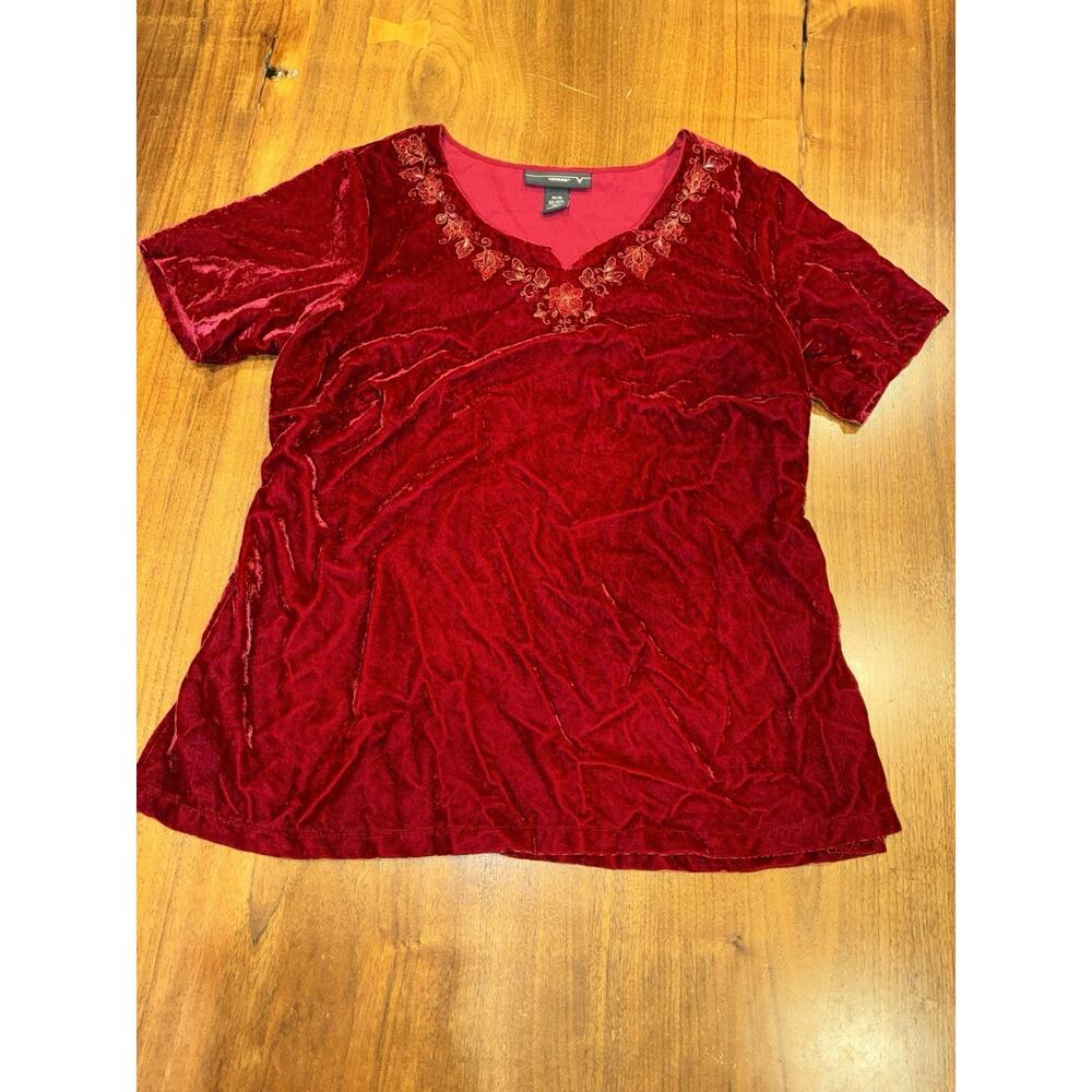Vintage Venezia Crushed Velvet Red Blouse Embroidered Y2K 90s XL